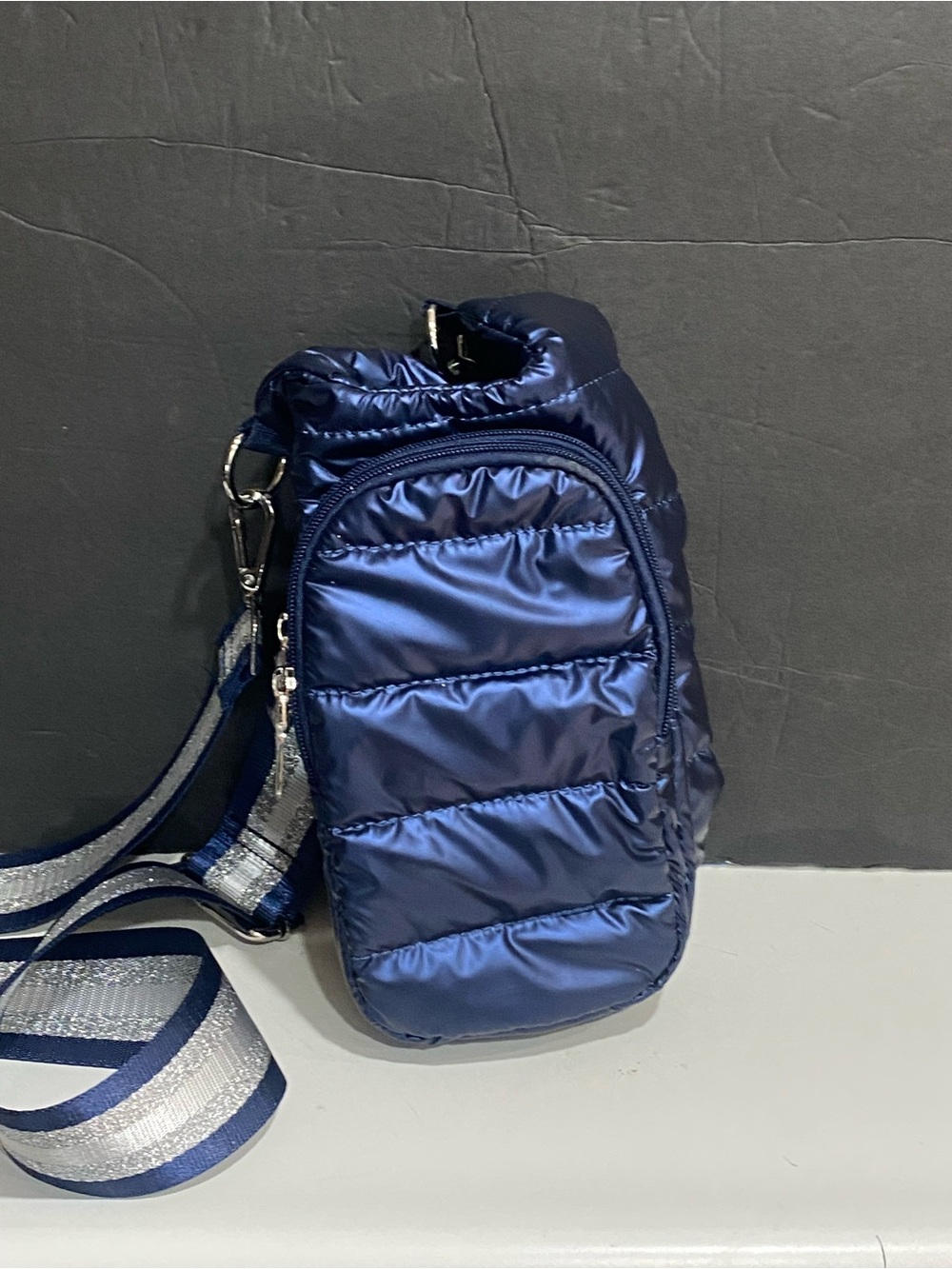 WanderFull Crossbody HydroBag Metallic Navy Blue Puffer Water Bottle Carrier